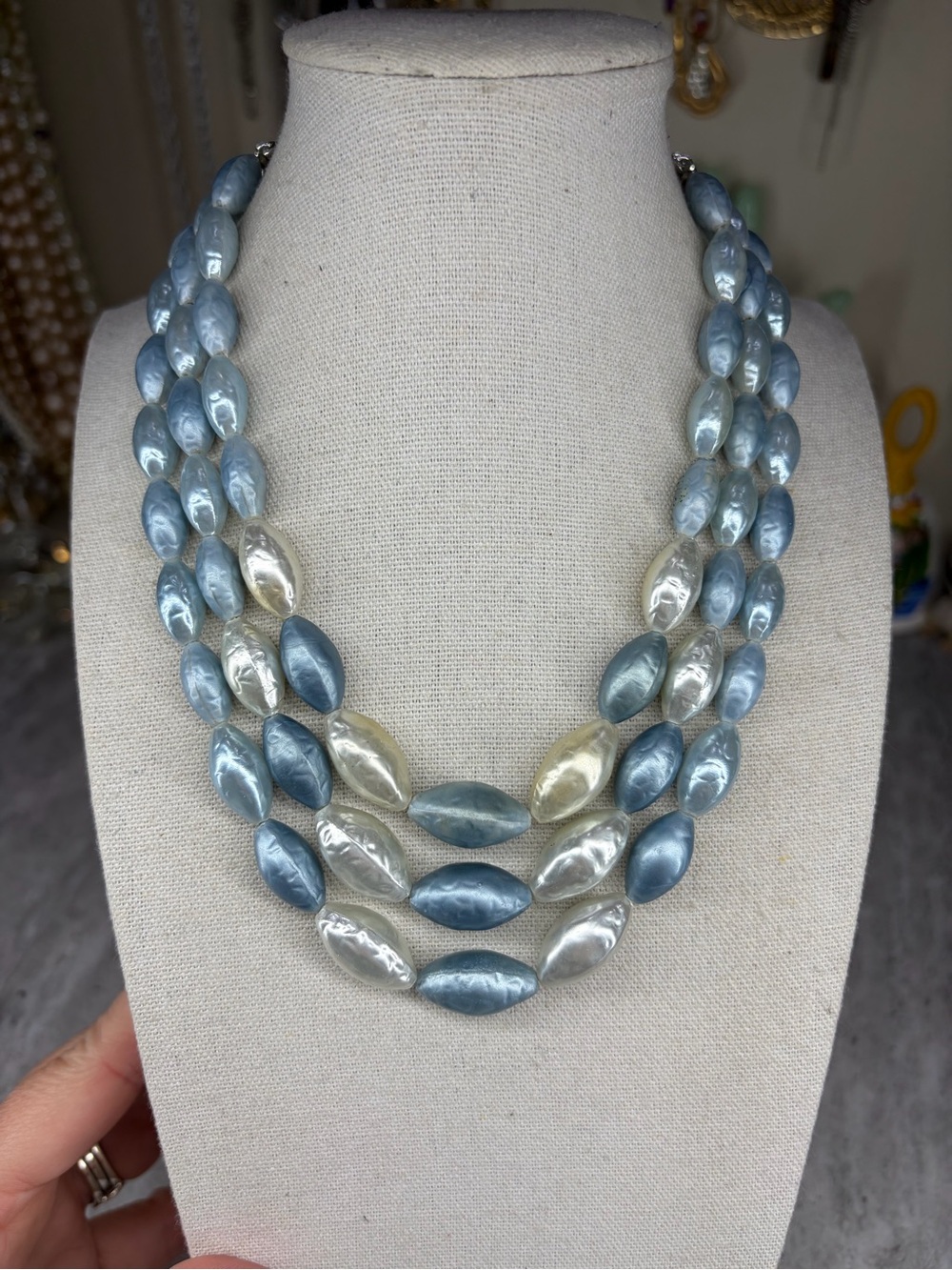 Vintage Three Strand Lucite Necklace Blue Faux Pearl Jewelry